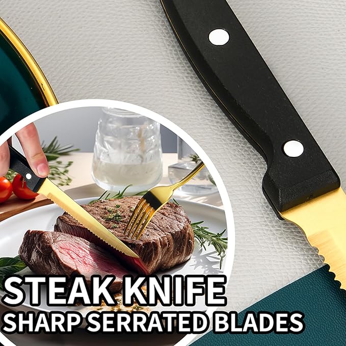 48-Piece Gold Silverware Set with Steak Knives Gold Stainless Steel Flatware Set for 8 Food Grade Tableware Cutlery Set Rust-proof, Mirror Polished, Dishwasher Safe