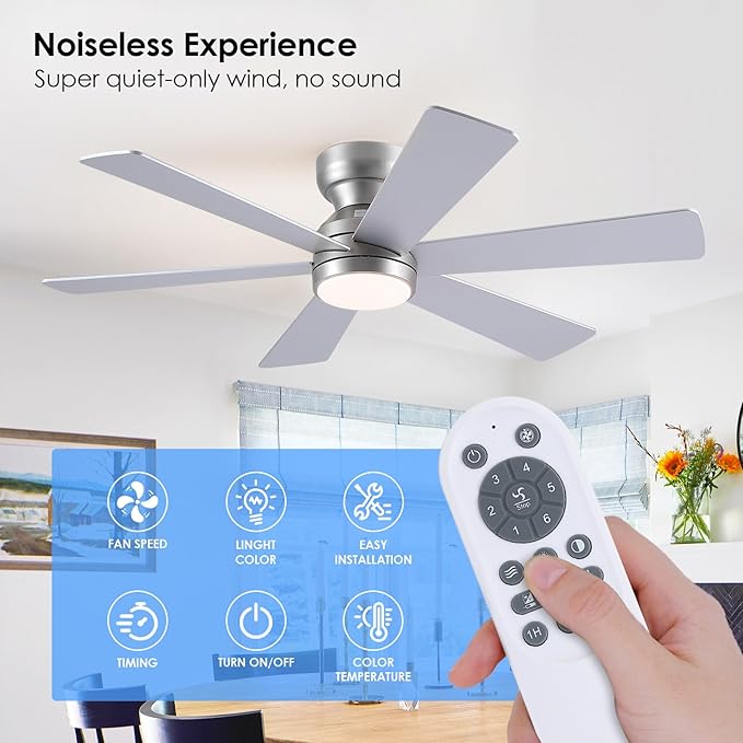 Asyko 46" Silver Low Profile Ceiling Fan with Light and Remote,Modern Flush Mount Ceiling Fans for Bedroom, Living Room, 6 Speeds, Dimmable, Timer, Quiet Reversible