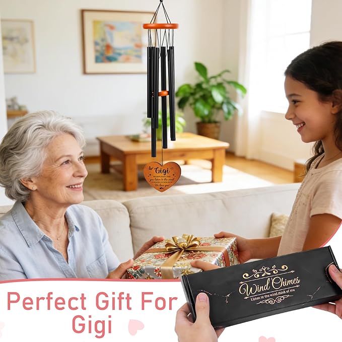 Gigi Gifts Wind Chimes for Outside - Metal Windchime with Wooden Pendant, Greeting Card & Black Box - Unique Birthday for Gigi from Grandkids, Garden Hanging Decor