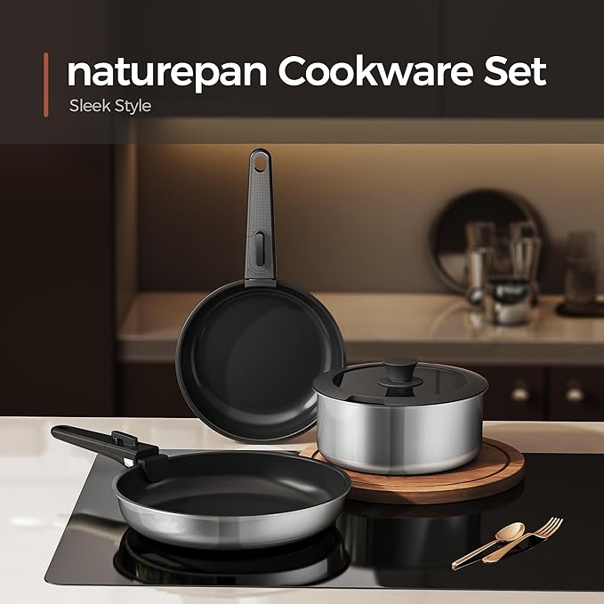 16pcs Nonstick Cookware Set, Diamond-Titanium Ceramic Coating & 3 Layer Stainless Steel Pots and Pans Set with Detachable Handle, Dishwasher Safe, Induction Compatible, Oven Safe, Black