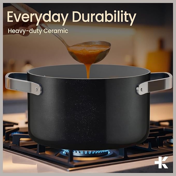 Bakken 3 Quart Ceramic Coated Stock Pot with Lid, Easy to Clean Nonstick Pot, Tempered Glass Lid, Riveted Stainless Steel Handles, Oven Safe Up To 500°F, PTFE & PFAS Free, All Stove Compatible, Black