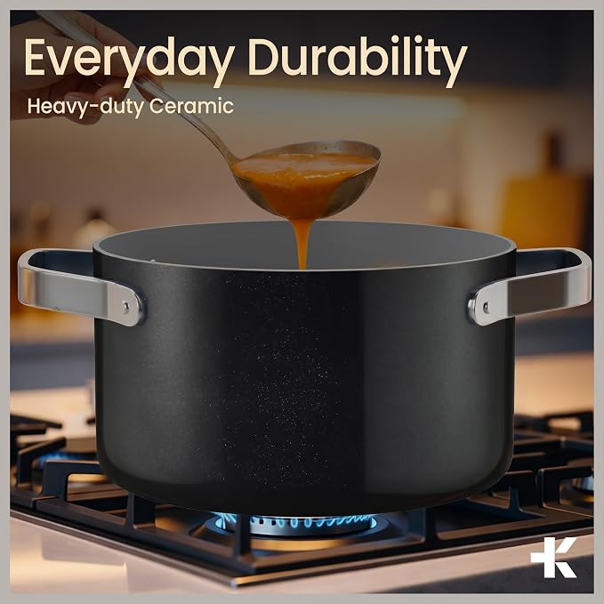 Bakken 8.5 Quart Ceramic Coated Stock Pot with Lid, Easy Clean Nonstick Pot, Tempered Glass Lid, Riveted Stainless Steel Handles, Oven Safe Up To 500°F, PTFE & PFAS Free, All Stove Compatible, Black