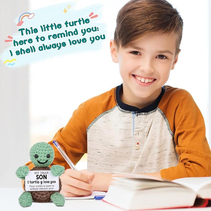 Mini Funny Turtle Son Gifts from Mom Dad, Fathers Day Birthday Gifts for Kids Teens Adults Son in Law Bonus Step, I Love You Presents Small Cute Stuff Things,Handmade Emotional Positive Crochet Turtle