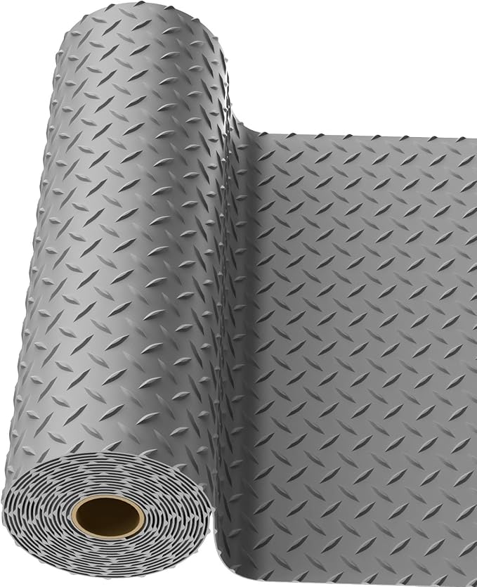 4x25 FT Garage Floor Mat, 2.8mm Thickened PVC Flooring Roll for Under Car, Golf Cart Parking Mat, Diamond Plate Gray Motorcycle Mat for Warehouse, Basement, Gyms, Trailer（Included Tapes）