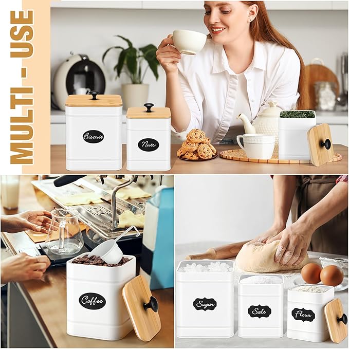 Tioncy Kitchen Canisters for Countertop Set of 3 Metal Canisters Sets with Bamboo Lids Spoon Airtight High Capacity Coffee Tea Sugar Flour Jars with DIY Labels Farmhouse Food Storage (White,L,M,S)