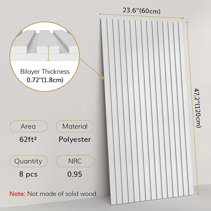 TONOR 8-Pack Bilayer Acoustic Panels Large Self-adhesive, 47.2'' * 23.6'' * 0.72” Adhesive Wall Panel, Large Soundproof Tiles for Echo Absorbtion, Acoustical Barrier of Polyester Fiber, White