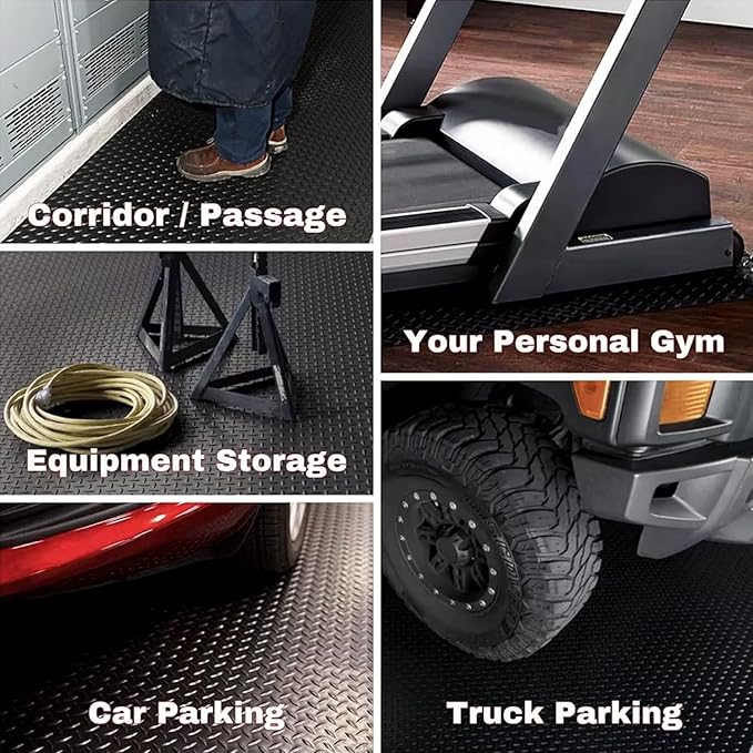 Heavy Duty Diamond-Plate Rubber Flooring Roll, 4' x 14', 1/8" Thick, Waterproof Anti-Slip Floor Mat, Easy to Clean & Install Floor Protector for Garage, Gym, Stable, Basement, Kennel