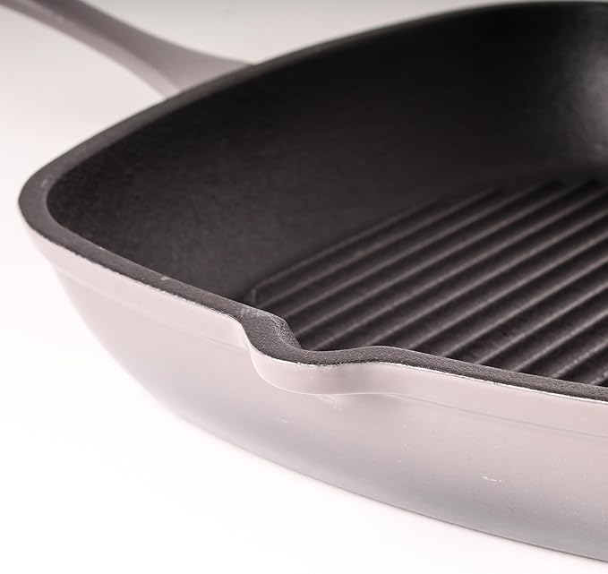BergHOFF Neo 4Pc Enameled Cast Iron Cookware Set, Grill Pan 11 inches, Fry Pan 10 inches, 3qt. Dutch Oven, Matching Lid, Fast, Evenly Heat, Oven Safe (Oyster)