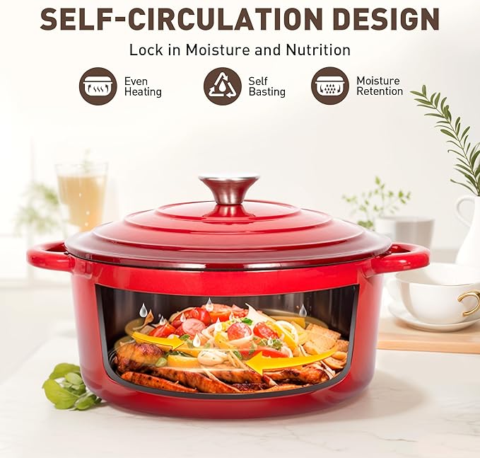 MAISON ARTS 7 Piece Enameled Cast Iron Cookware Set, Heavy Duty Induction Dutch Ovens Pot with Lid, Red Non Toxic Pots and Pans Sets, PFOA-PFOS Free