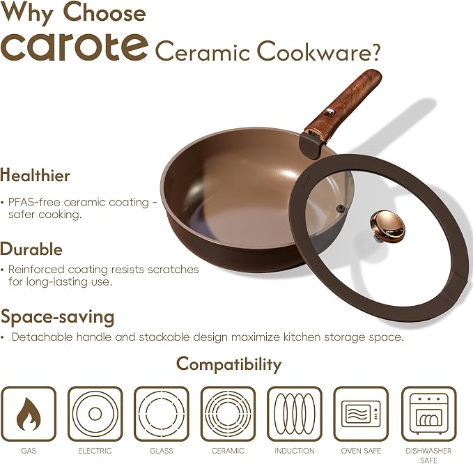 CAROTE 25pcs Ceramic Cookware Set, Pots and Pans Set with Detachable Handle | Non-Stick, Non-Toxic, PFAS and PFOA Free, Induction Compatible, Dishwasher & Oven Safe, Space Saving, Camping Cooking, Brown