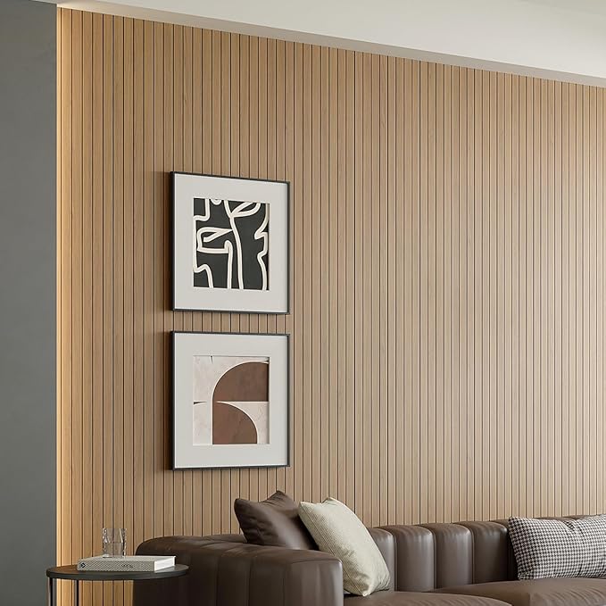 Yutianli PVC Slat Wall Panel Peel and Stick 236"x 15.7" Faux Wood Slat Panel Artificial Oak Wood Grain Self-Adhesive Soundproof 3D Wall Panel for Walls and Ceilings
