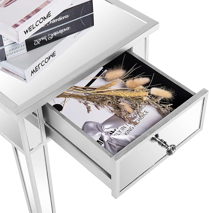VINGLI Mirrored End Table with Drawer Silver Modern Nightstand/Bedside/Accent Table for Small Space,Living Room,Bedroom,15.7" L x 15.7" W x 24" H,Mirror