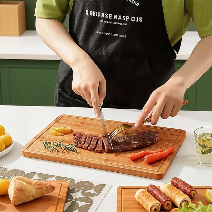 Zarler Bamboo Cutting Boards for Kitchen, 3 Piece Durable Wood Cutting Board with Juice Grooves and Handles, Wooden Chopping Board Set for Meal Prep, 500℉ Carbonized Bamboo, Ideal Kitchen Gift