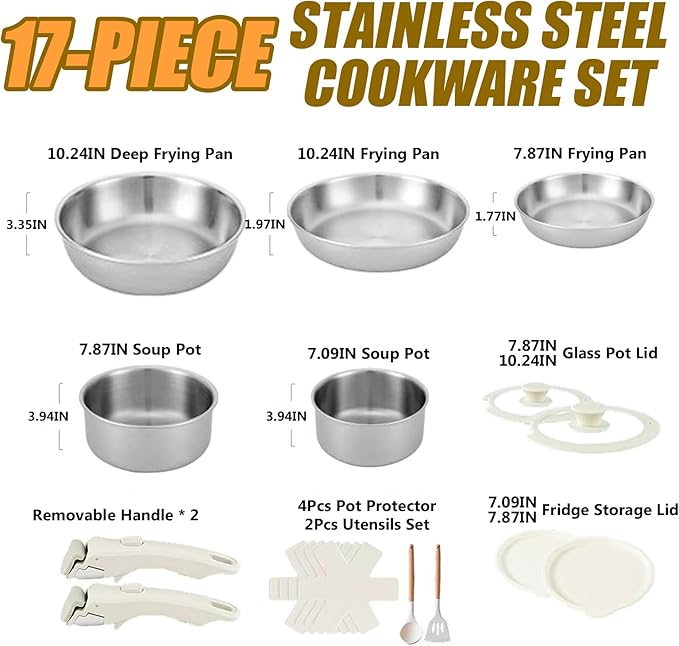 Tri-Ply Stainless Steel Cookware Set, 17 pcs Pots and Pans Set Non Stick with Detachable Handles, Induction Cookware Set Kitchen Cooking Sets, RV/Camping Cookware, Dishwasher & Oven Safe,17pcs