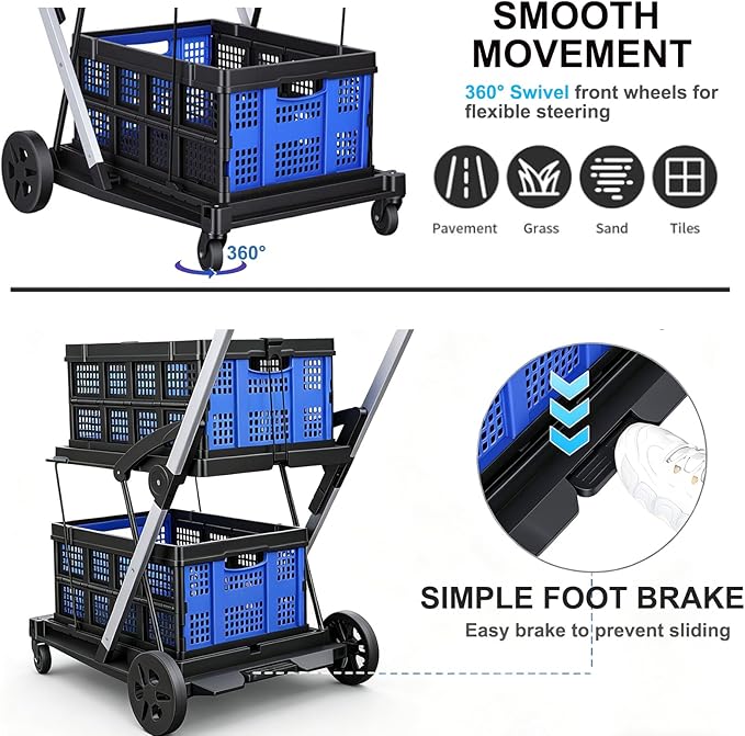 Collapsible Shopping Cart with Wheels, Heavy Duty Grocery Cart with 2 Storage Crates, Two Tier Portable Utility Carts Shopping Trolley for Picnic, Supermarket, Office,Warehouse 2026 Upgraded (Blue)