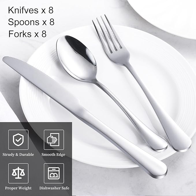 24-Piece Silverware Set for 8 - Stainless Steel Flatware Cutlery Set Service for 8, Mirror Polished Flatware Set Include Forks Spoons Knives for Home, Wedding, Restaurant, Dishwasher Safe