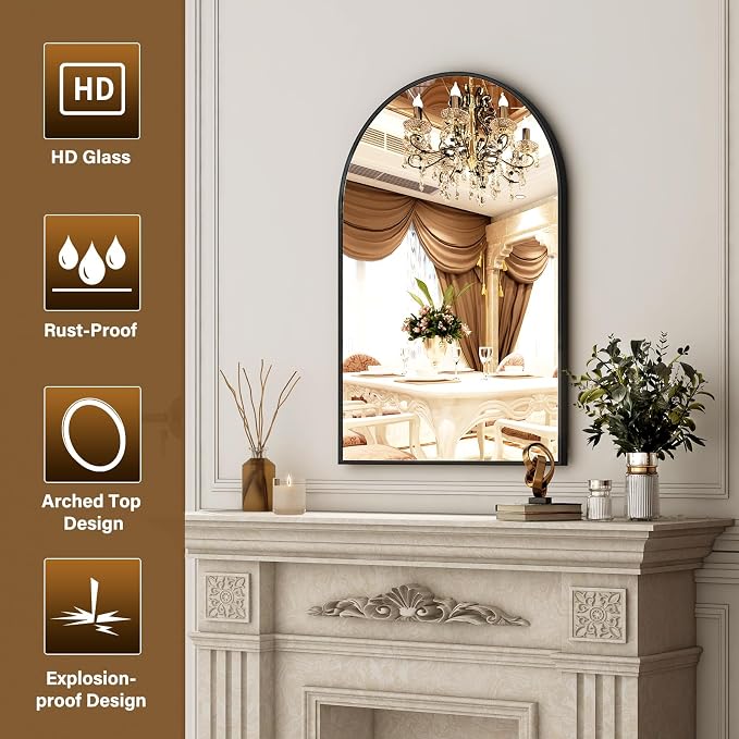 XRAMFY 24"x36" Black Arched Bathroom Mirror - Wall Mirror for Bathroom, Metal Frame Vanity Mirror, Dresser Mirror, Arch Decorative Mirrors for Living Room, Bedroom, Entryway, Mantle