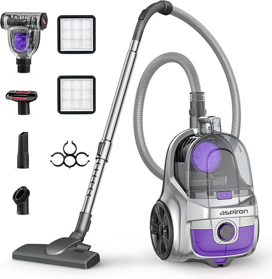 Aspiron Canister Vacuum, Upgraded 1600W Bagless Canister Vacuum Cleaner | Auto Cord Rewind, H13 HEPA Filter, 4Qt Large Capacity, 5 Tools for Hard Floors, Carpet, Pet, Upholstery, Tiles, Champagne