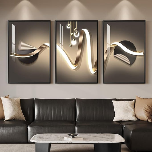 Large Framed Modern Luxury Black and Gold Abstract Wall Art for Living Room, 3 Piece Contemporary Elegant Prints Paintings, Geometric Pictures for Bedroom Entryway Home Office Wall Decor 24x36 In