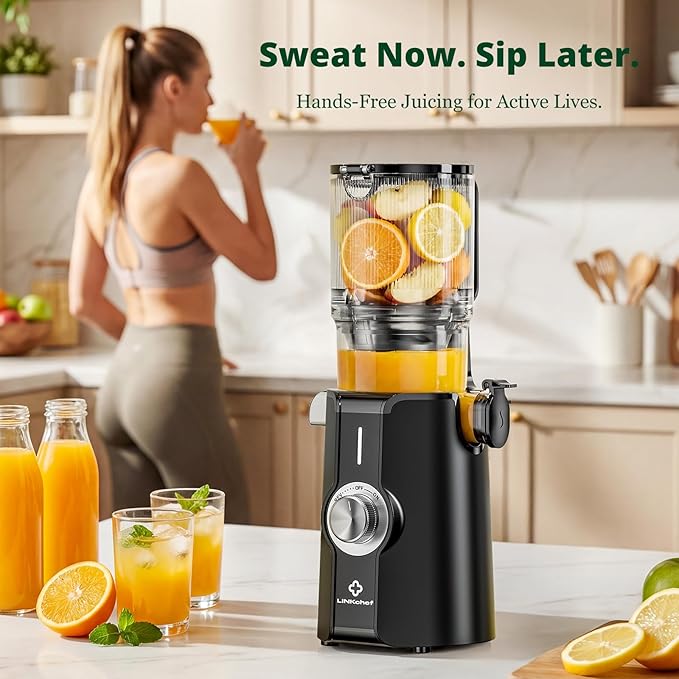 LINKChef Cold Press Juicer Machines, 4.53" Diameter juicers Whole Fruit and Vegetable, 200W Masticating Slow Juicer with Automatic Cutting, BPA-Free, Easy Cleanup & Assembly, Lightweight, Black