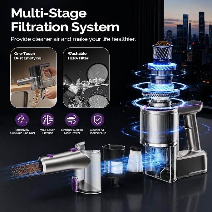 Cordless Vacuum Cleaner for Home, 55kPa 70-Min Runtime Cordless Stick Vacuum with LED Display, 8-in-1 Self-Standing Lightweight Design, Anti-Tangle for Pet Hair, Hard Floors and Carpet