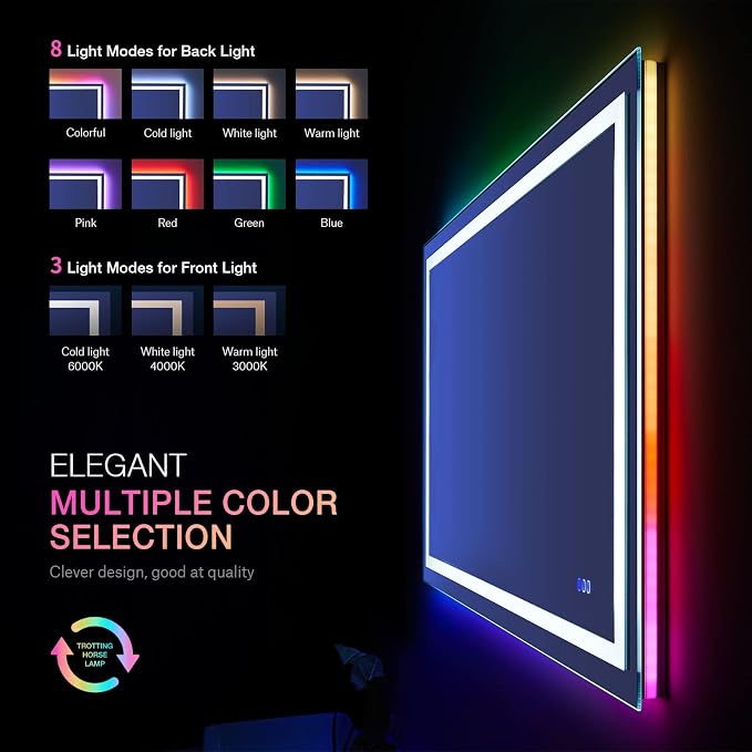 LOAAO 24"X30" RGB LED Bathroom Mirror with Lights, Anti-Fog, Dimmable, Lighted Bathroom Vanity Mirror, Multiple Light Modes, RGB Backlit + Front Light, Memory Function, Tempered Glass, ETL Listed