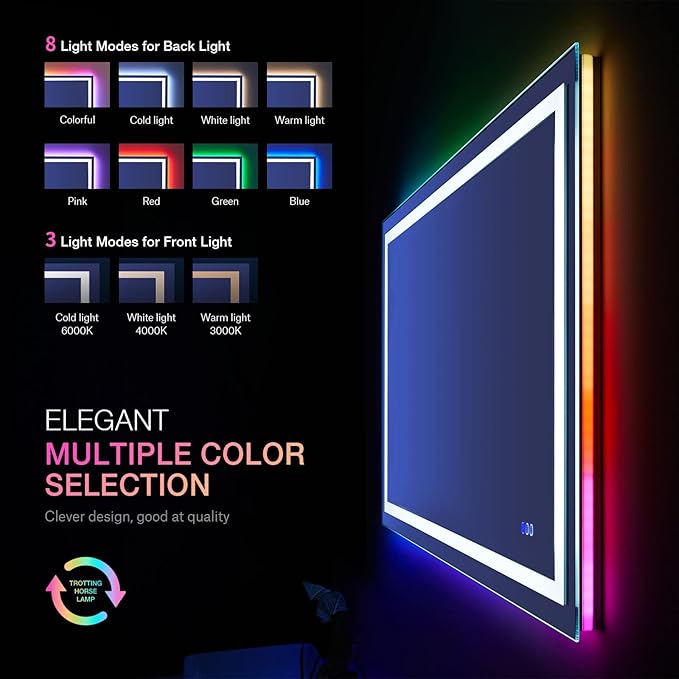 LOAAO 48"X36" RGB LED Bathroom Mirror with Lights, Anti-Fog, Dimmable, Lighted Bathroom Vanity Mirror, Multiple Light Modes, RGB Backlit + Front Light, Memory Function, Tempered Glass, ETL Listed