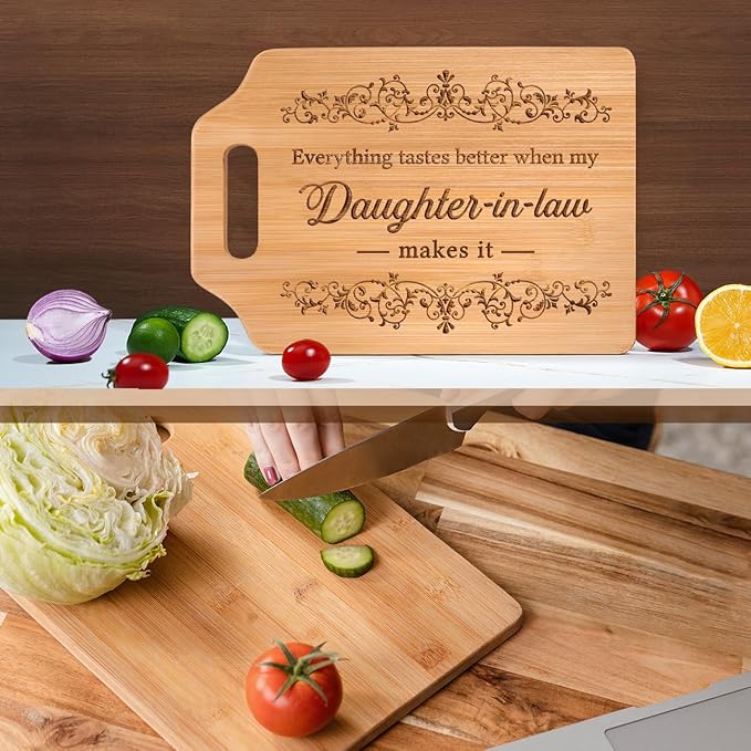 AceThrills Daughter in Law Mothers Day Gifts for Daughter in Law Birthday, Christmas - Engraved Bamboo Cutting Board (Everything Tastes Better)