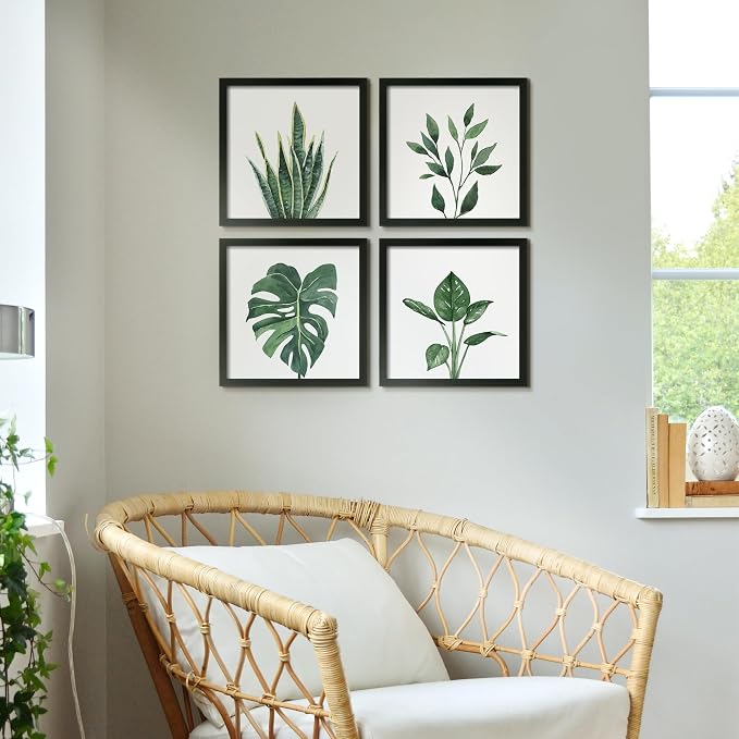 ArtbyHannah Framed Bathroom Wall Art Decor, 8x8 Inch 4 Pack Botanical Gallery Wall Frame Set Modern Farmhouse Sage Green Prints Artwork for Spa, Restroom, Bedroom, Office Decoration (Black)