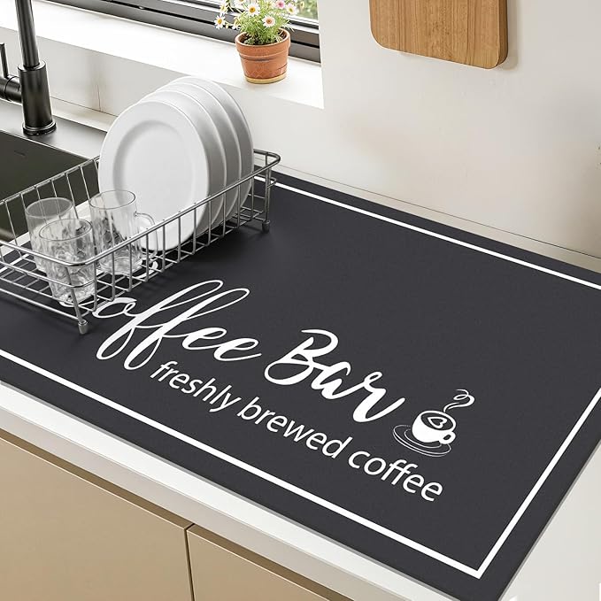 Findosom Dish Drying Mat, 17"x 32" Super Absorbent & Hide Stain Coffee Mat, Cuttable Drying Mat for Kitchen Counter, Coffee Bar Accessories, Under Dish Rack, Coffee Maker, Espresso Machine, Black