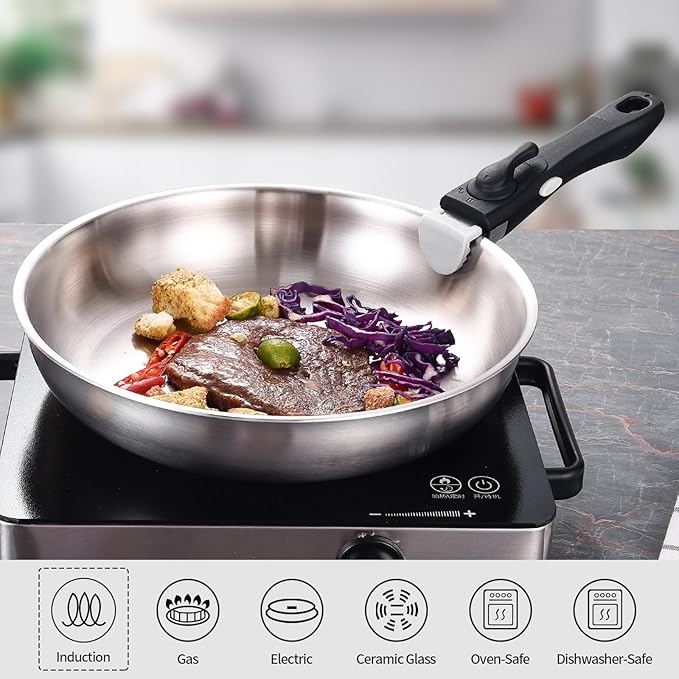Inqibee Tri-Ply Stainless Steel Cookware Set with Detachable Handle, Removable Handle Pots and Pans Set 6pcs, Induction Kitchen Cooking Set for Home & RV Camping, Dishwasher and Oven Safe