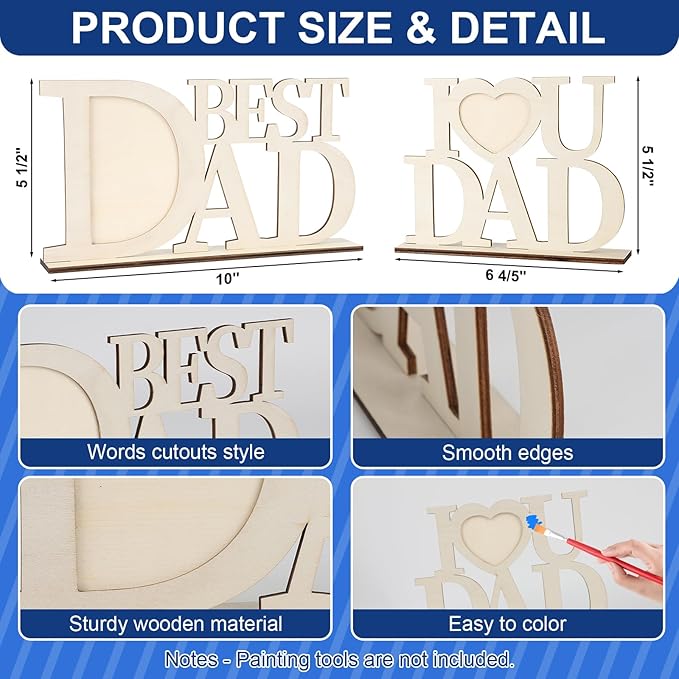 COCHIE DIY Unfinished Father's Day Photo Frame Wood Crafts to Paint, 2 Picture Frame Painting Craft Kit, Wooden Crafts Classroom Activities, Best Gift for Dad from Daughter, Son (Dad)
