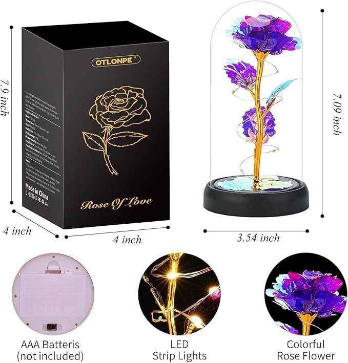 Otlonpe Mothers Day Flowers Gifts for Mom from Daughter Son, Preserved Forever Glass Light Up Rose Gifts for Grandma Wife Women Girlfriend Sister, Teacher Appreciation Graduation Gift for Her (Purple)