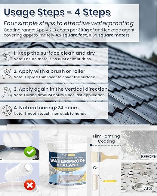 Transparent Waterproof Coating, TUFINEIN 10.6oz Invisible Waterproof Agent Indoor & Outdoor Sealant Water-Based Clear Sealant Roofs, Walls, Garden, Terraces