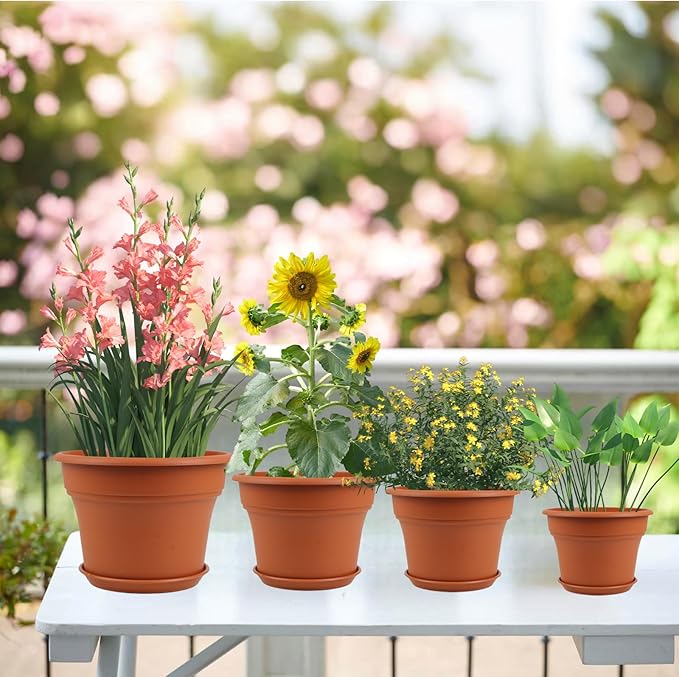 Pottiffe 8 Inch Plastic-Flower Pot-for-Indoor Plants, 4 Pack Large Outdoor Planter Pot with Drainage Holes & Saucers, Resin Decorative Garden Pots Planters