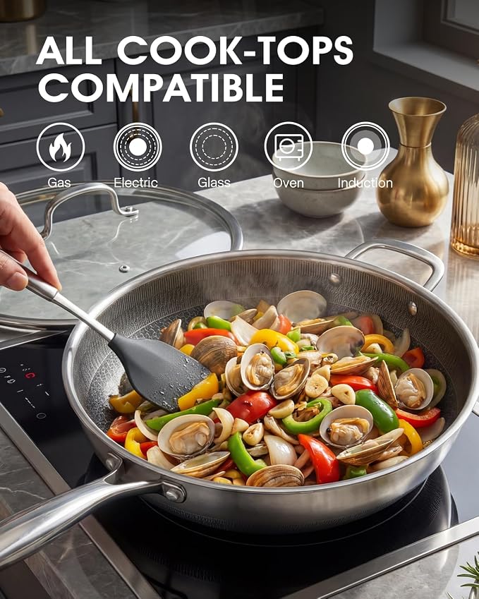Stainless Steel Non Stick Frying Pan with Lid - PFOA Free | Induction Compatible | Oven & Dishwasher Safe | Stay Cool Handle | Versatile for All Stovetops | Gift