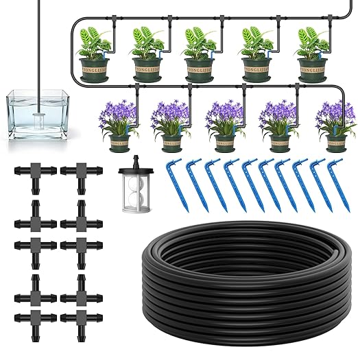 Drip Irrigation Kit for Potted Plants, Micro Tubing Set | 33ft Hose DIY Plant Self Watering Components with Inlet Filter, 10 Tees & Drip Emitters for Indoor Outdoor Patio