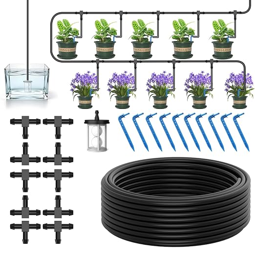 Automatic Drip Irrigation System Kit for Potted Plants | 33ft Hose DIY Plant Watering Expansion Parts with Filter, 10 Drippers & Tee Connectors for Indoor Outdoor Garden Patio