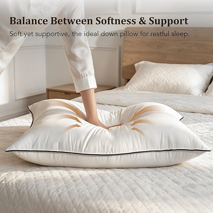 Hotel Collection Down Bed Pillows Standard Size Set of 2, Breathable Cotton Blend Shell Cover,Medium Firm, Down Fiber Pillows for Sleeping - Soft Support for Back