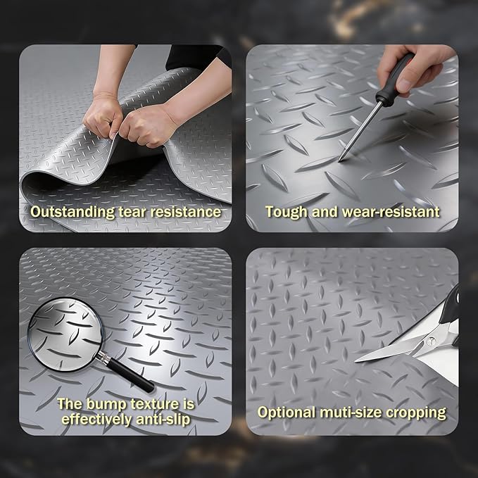 StellarStar 4x8 FT Garage Floor Mat, 2.8mm Thickened PVC Diamond Plate Garage Mat with 20PCS Tapes, Rubber Flooring Rolls for Under Car, Non-Slip Rubber Motorcycle Mat for Golf Cart, Trailer, Gray