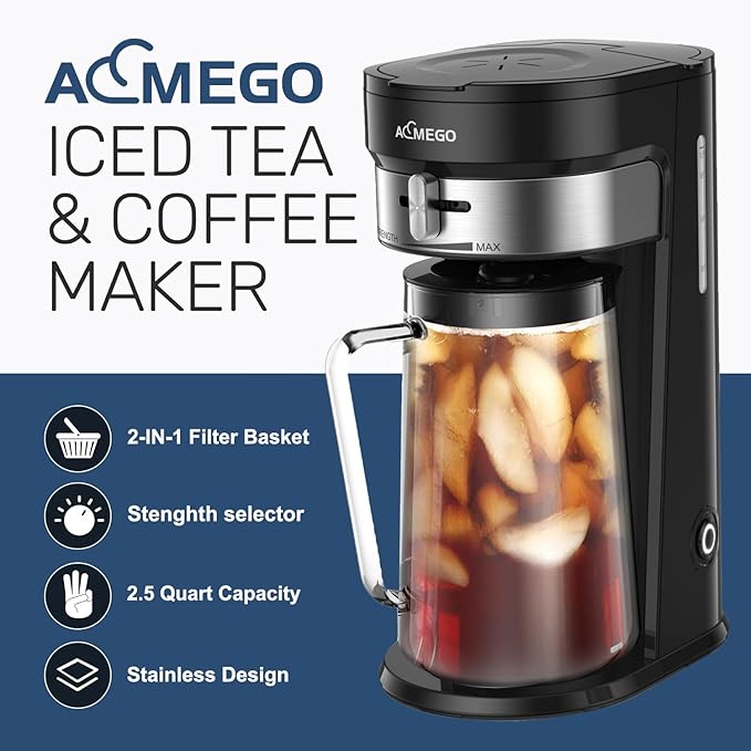AEMEGO Iced Tea Maker, Brewing System with 2.5-quart Glass Pitcher, sliding strength selector, Stainless Steel Decoration, Reusable Filter (Black)