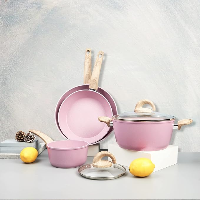 Vkoocy Pink Pots and Pans Set Non Stick, Ceramic Cookware Set with Granite Pattern Kitchen Cooking Sets Induction Pot and Pan w/Frying Pans, Saucepans, Casserole, Non-Toxic, PTFE/PFOA/PFOS-Free