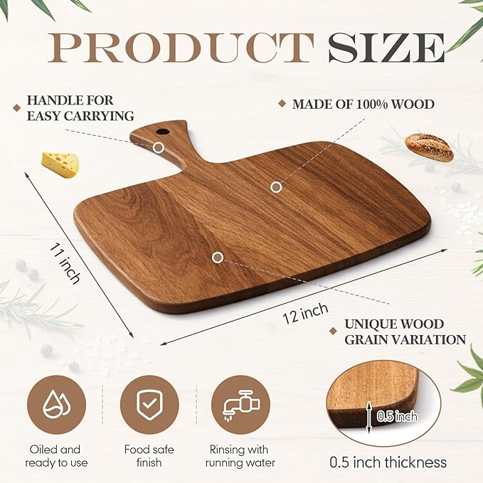 Nuenen Wood Cutting Board with Handle 12x11x0.47 Inch Acacia Bamboo Wooden Serving Kitchen Chopping Boards for Pizza, Bread, Cheese, Charcuterie, Fruit, Vegetables(1 Pcs, Acacia)