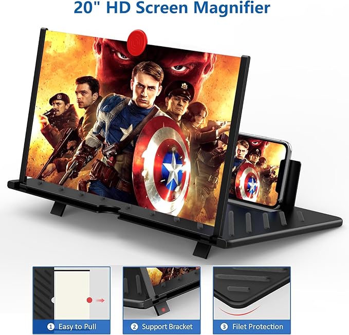 20" Screen Magnifier,3D HD Mobile Phone Magnifier Projector Screen Enlarger for Movies, Videos, and Gaming,Foldable Cell Phone Stand with Screen Amplifier,Gifts for Mom Dad(Black 20Inch)