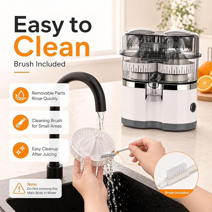 Dual-Head Automatic Citrus Juicer, Electric Citrus Juicer with Power Cord and Cleaning Brush, 1-Button Orange Lemon Lime Squeezer, Detachable Easy Clean Juicers Machine for Kitchen (White)