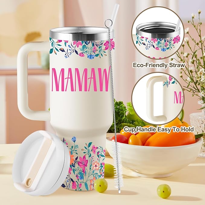 ROSTANTEN Mamaw Gifts Mamaw Mothers Day Gifts for Mamaw 40oz Travel Cup Insulated Tumbler with Lid & Straw