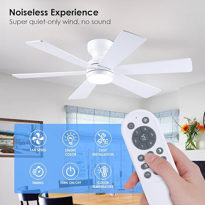 Asyko 46" White Low Profile Ceiling Fan with Light and Remote,Modern Flush Mount Ceiling Fans for Bedroom, Living Room, 6 Speeds, Dimmable, Timer, Quiet Reversible