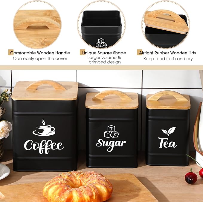 Maxdot 3 Set Coffee Sugar Tea Containers, Square Airtight Kitchen Canisters Storage Ground Organization with Bamboo Lids Rustic Metal Jars for Coffee Bar Beans, Tea Leaves, Food, Countertop(Black)