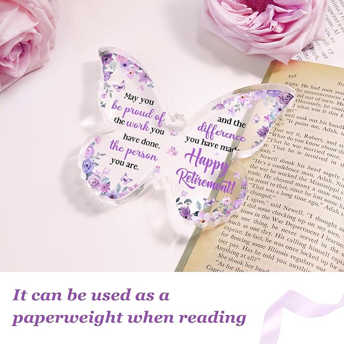 Unique Retirement Gift for Woman Men 2026, 5x3.8x0.5 Inch Purple Butterfly Acrylic Plaque Decor with Warm Words, Best Retirement Gifts for Coworker Teacher Friend Nurse Boss