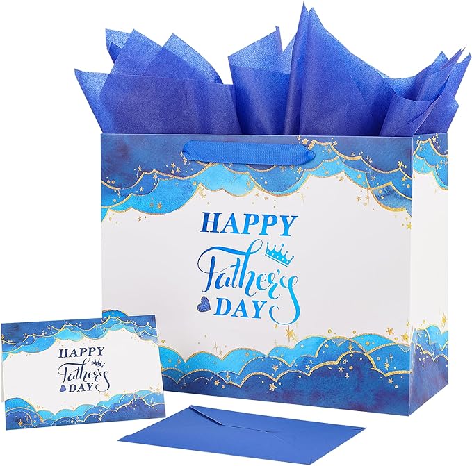 Jaywayang 12.6" Large Happy Father's Day Gift Bag with Card and Tissue Paper(Blue and White)